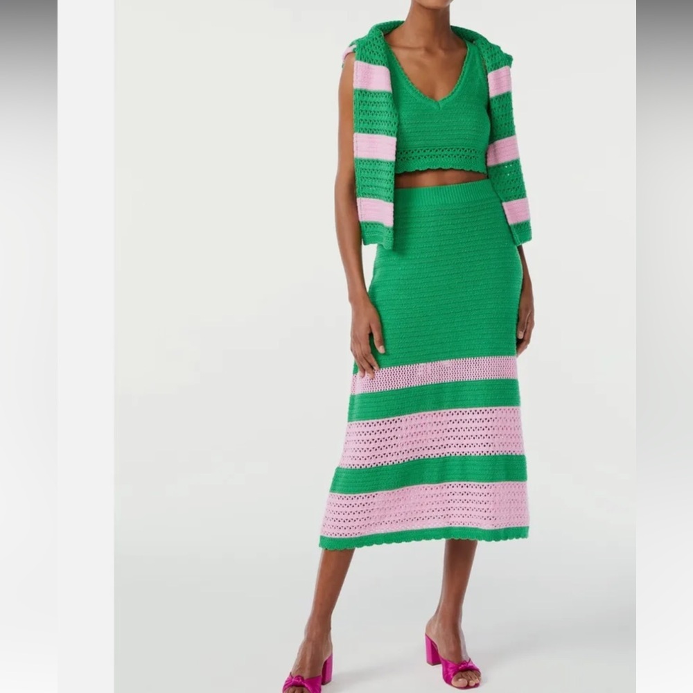 Scoop Green and Pink Crochet Cropped Tank Top and Midi Skirt Set